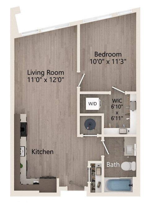 a floor plan of a 1 bedroom apartment with 1 bath